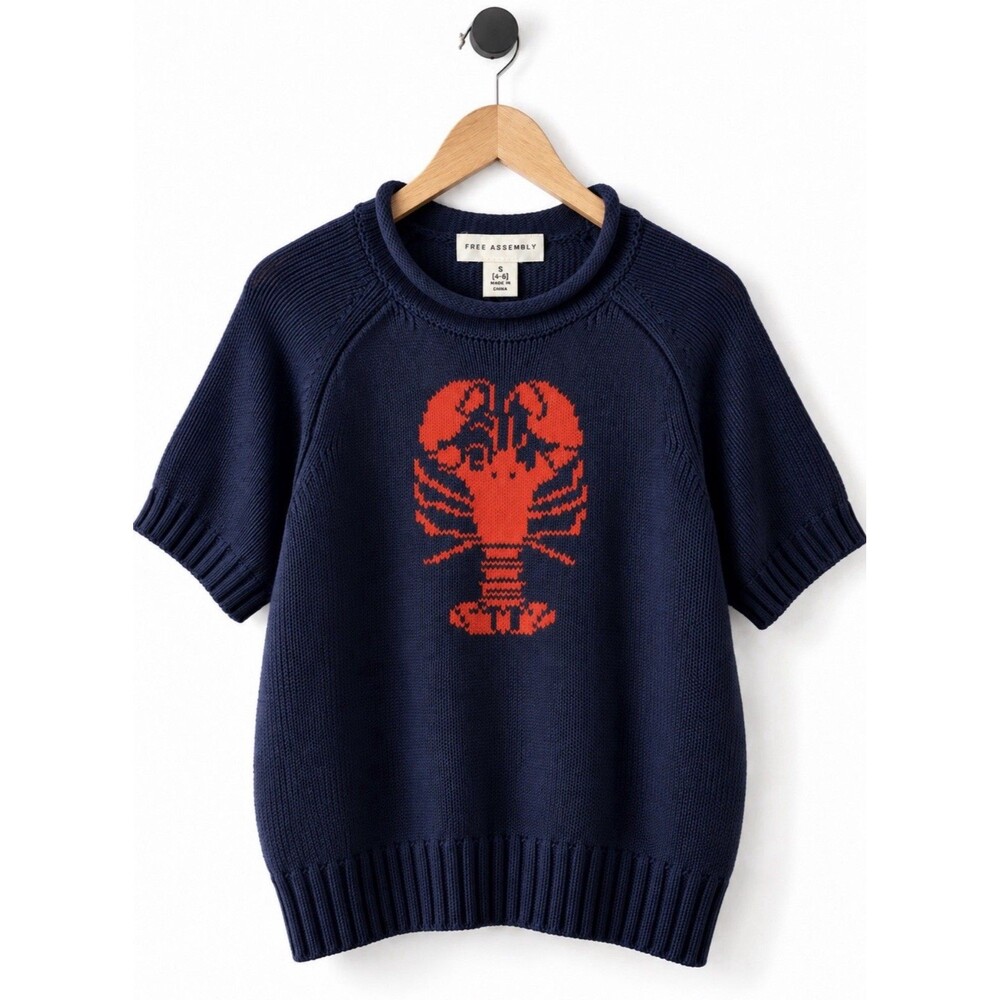 Free Assembly Women S (4-6) Navy Orange Lobster Knitted Cotton S/S Sweater